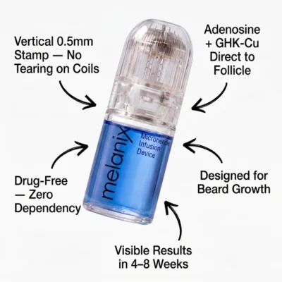 Melanix Beard Growth Kit - GHK-Cu & Adenosine with liquid serum and vertical stamp