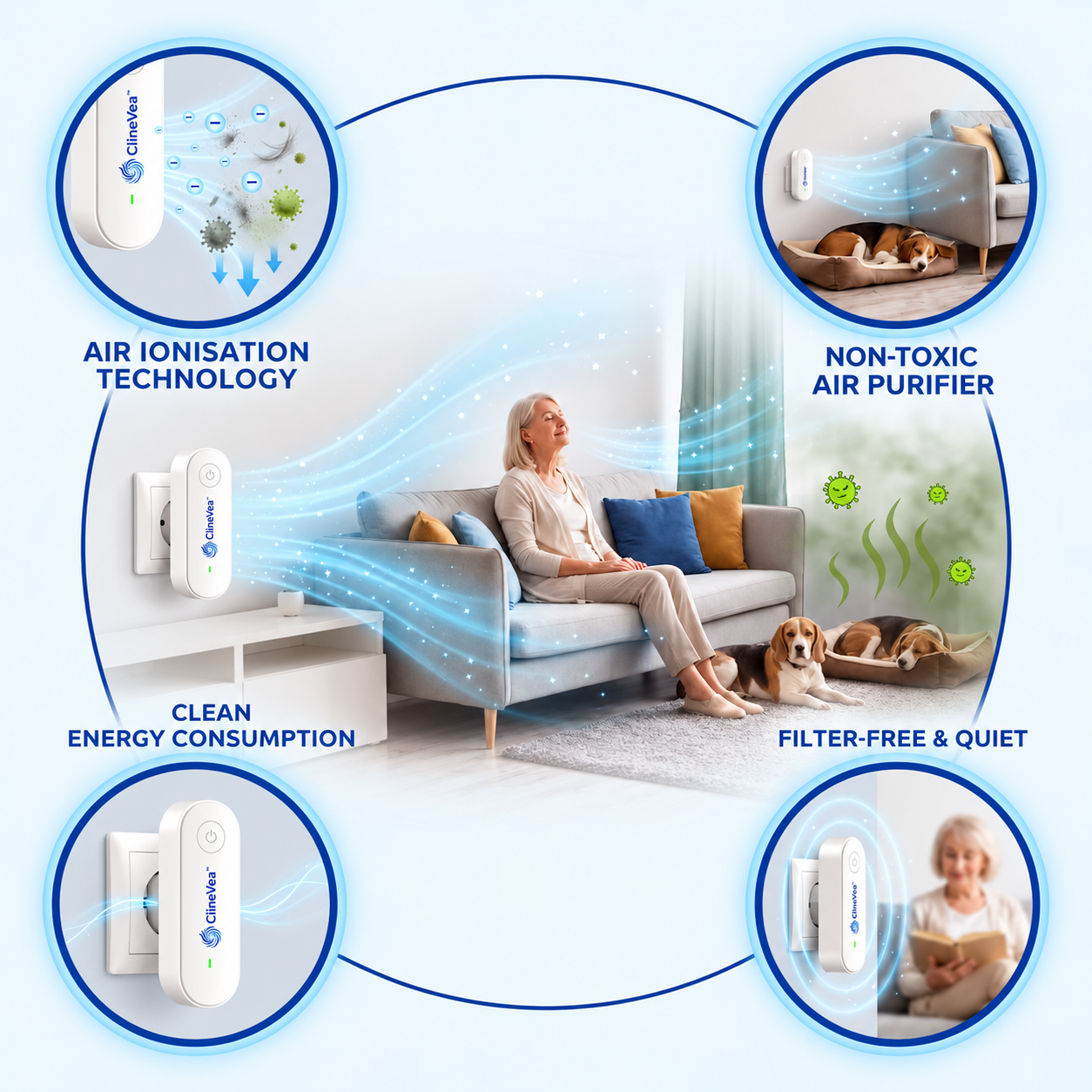 ClineVea™ air-care device with LED indicators showing active operation