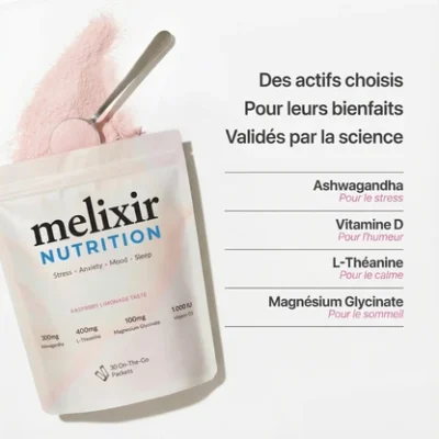 Trente dosettes de cinq grammes du complément Melixir Nutrition