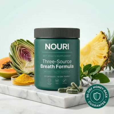 NOURI breath formula with 100 mg bromelain and declared activity of 500 GDU per capsule
