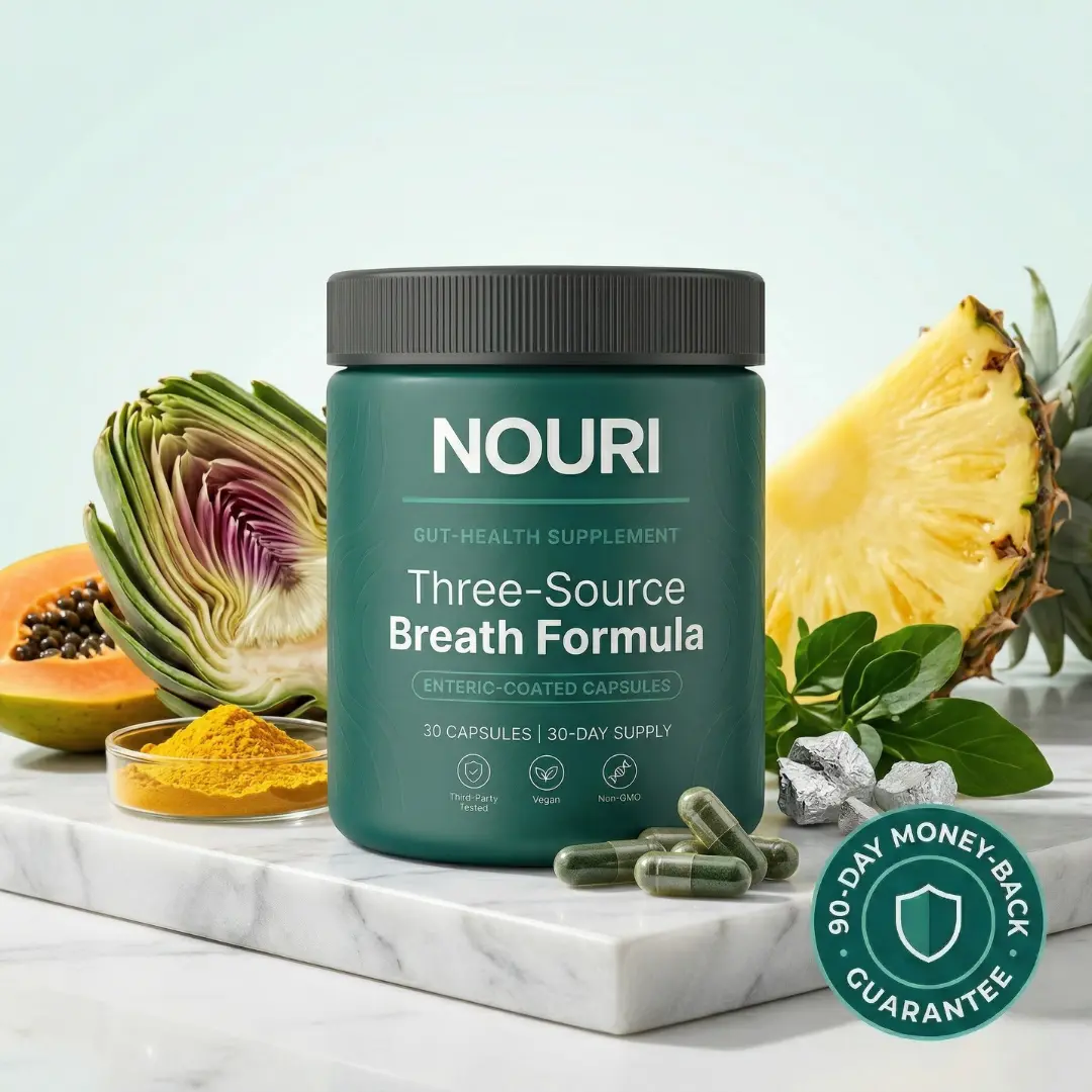 NOURI breath formula with 100 mg bromelain and declared activity of 500 GDU per capsule