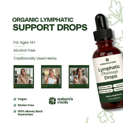 Nature's Roots Lymphatic Drainage Drops™ in a 30 ml bottle labelled 1 fl oz with a measuring dropper