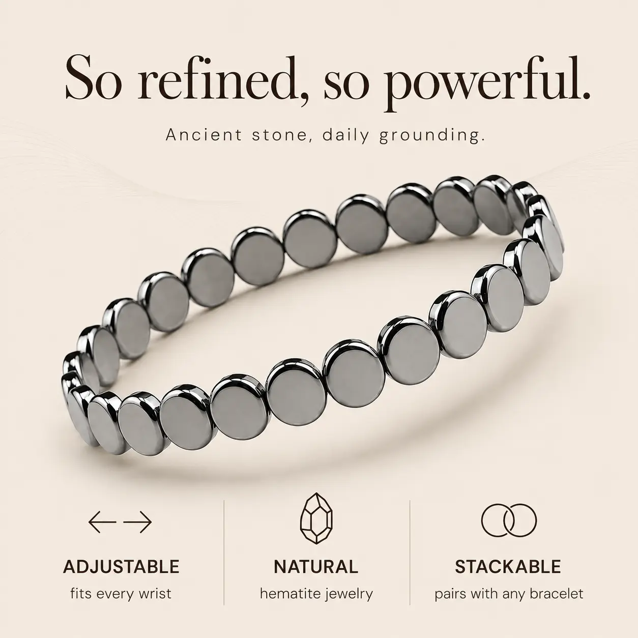 Haima Hematite Bracelet that slips over the hand without fastening a clasp