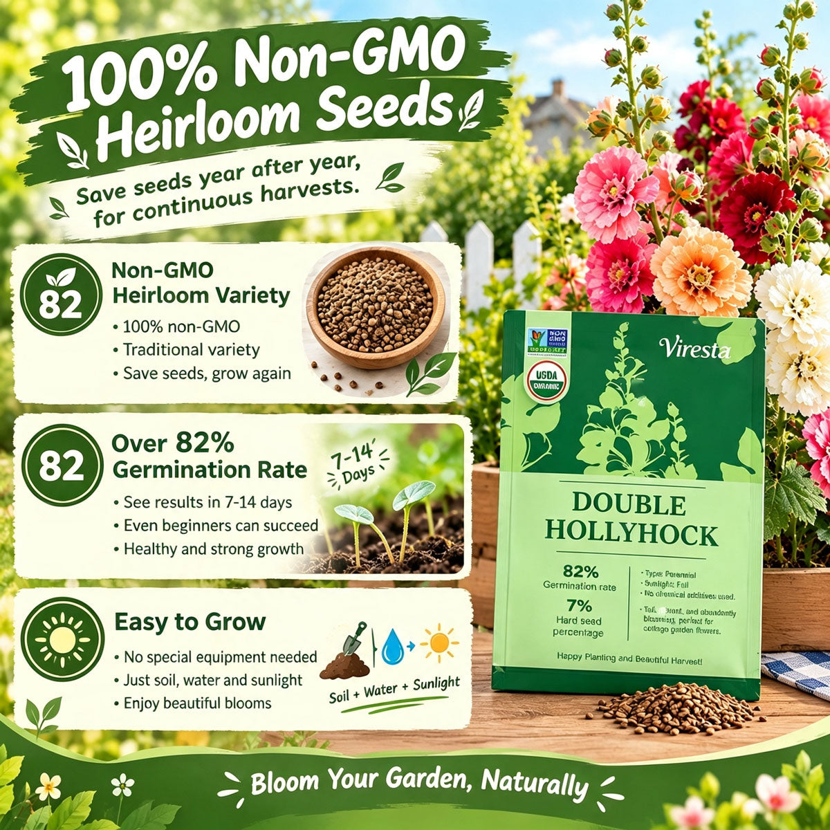 Viresta hollyhock seed pack containing 500 seeds