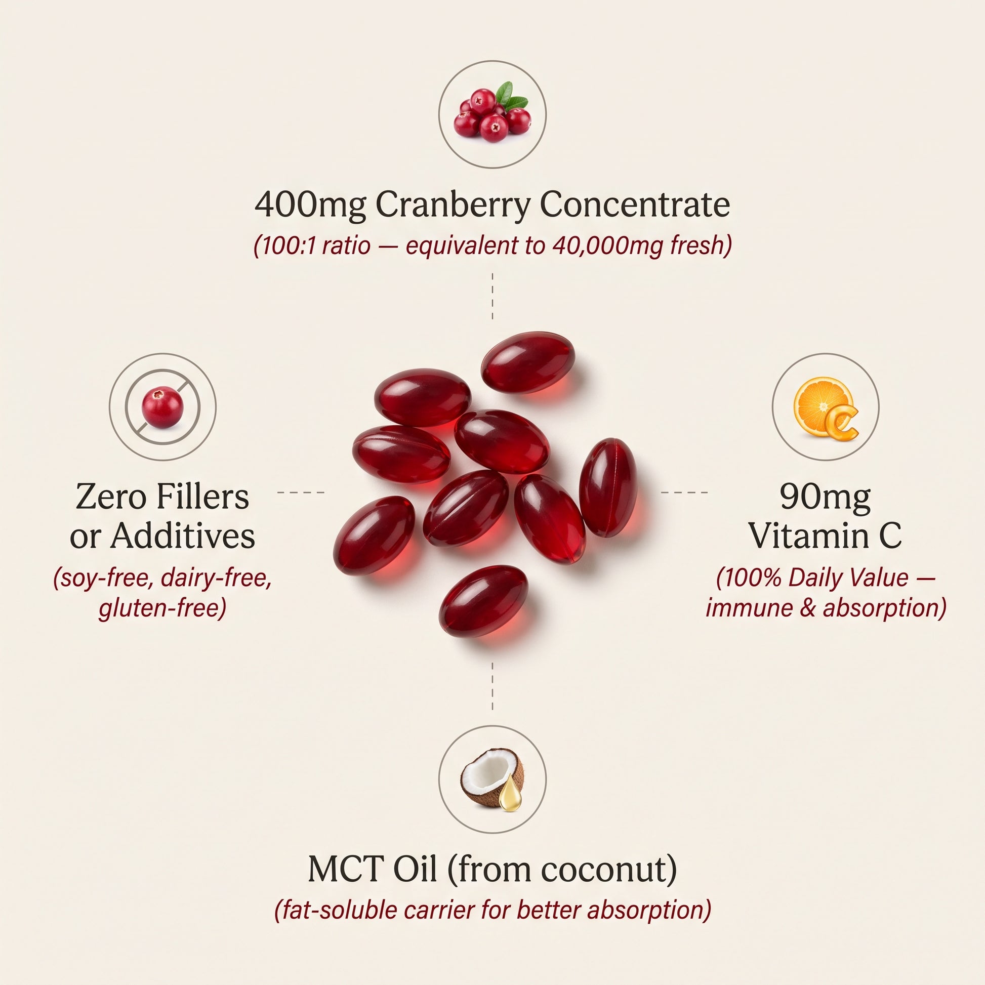 Lovi cranberry softgels with 40,000 mg fresh-fruit equivalent per serving