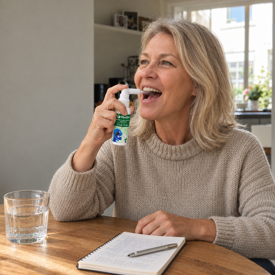 GlyciZen™ botanical mouth spray in a 20 ml bottle with a built-in pump