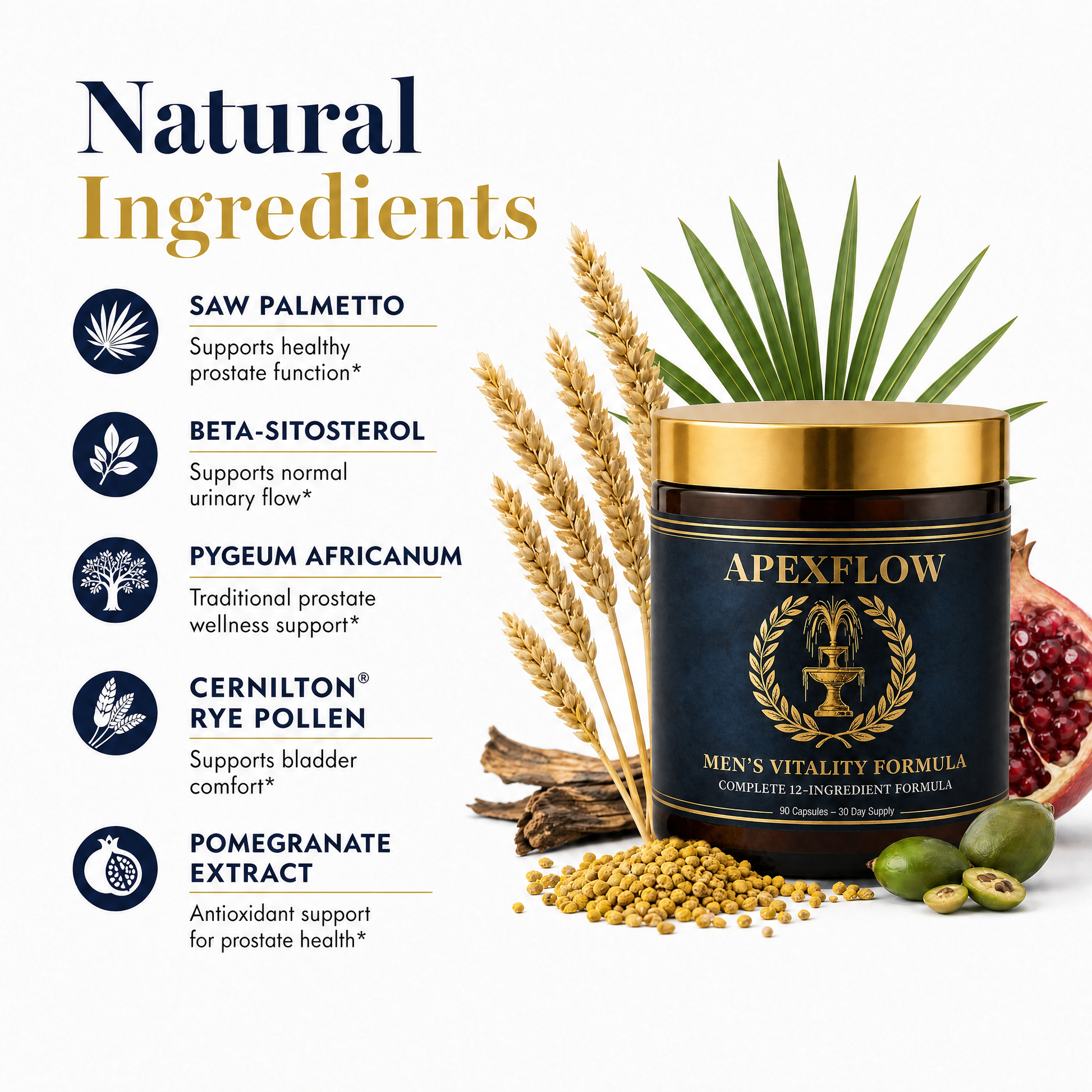 ApexFlow capsules with saw palmetto berry and rye flower-pollen