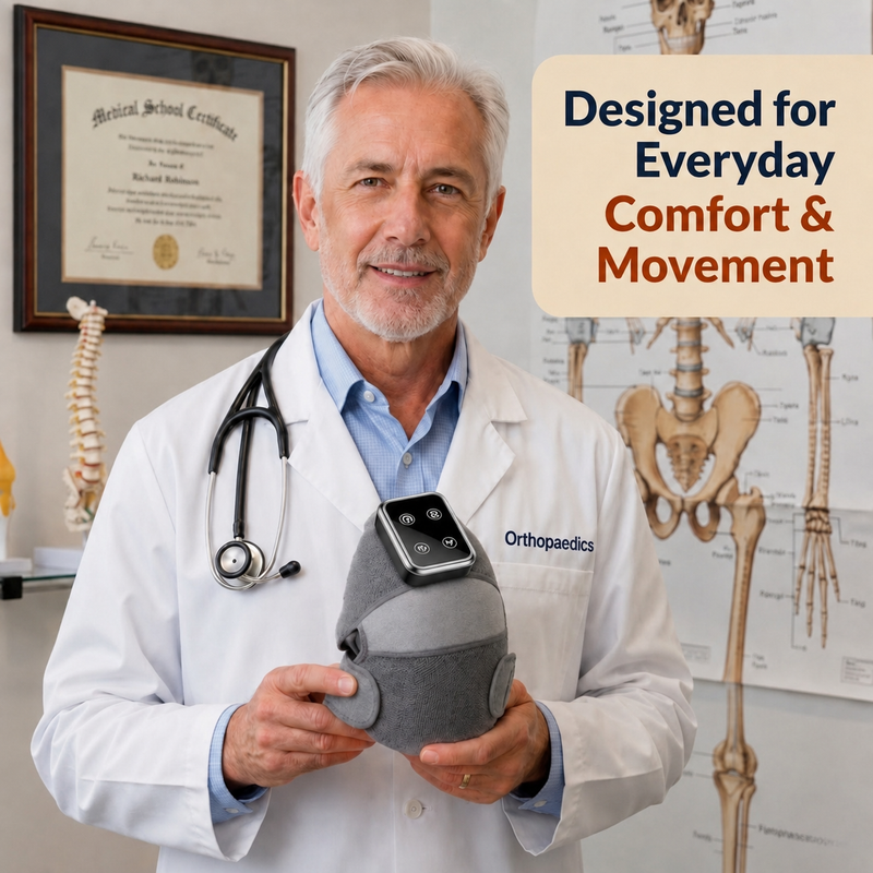 SuperJoint cordless knee wrap combining heat, compression and vibration