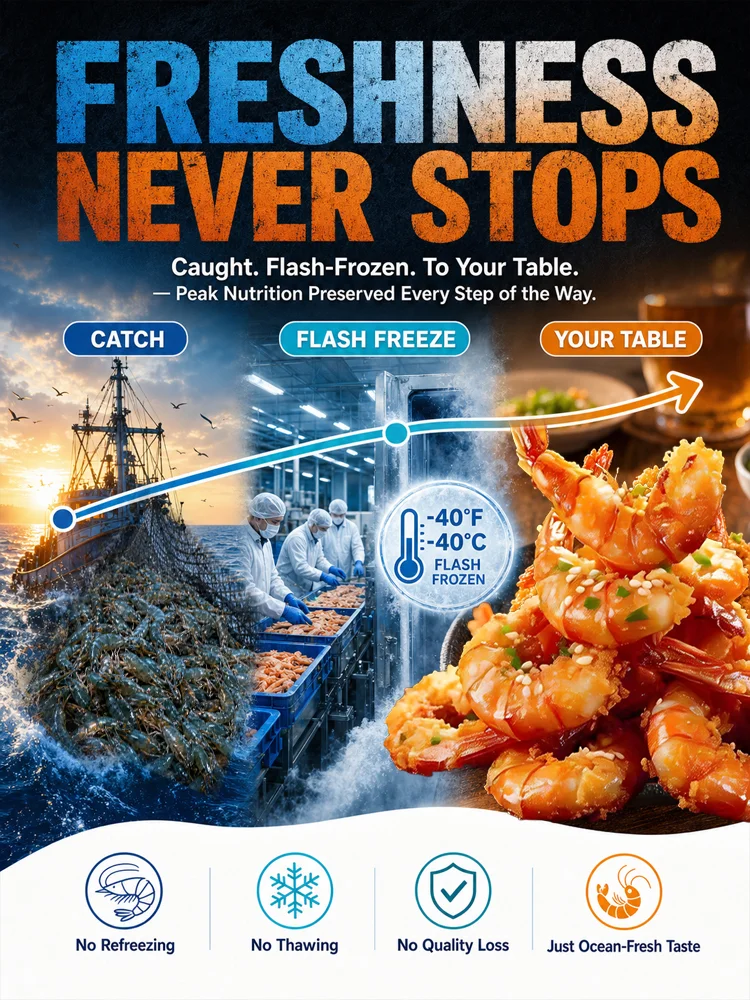 Crispy prawns with recognisable shape and tail