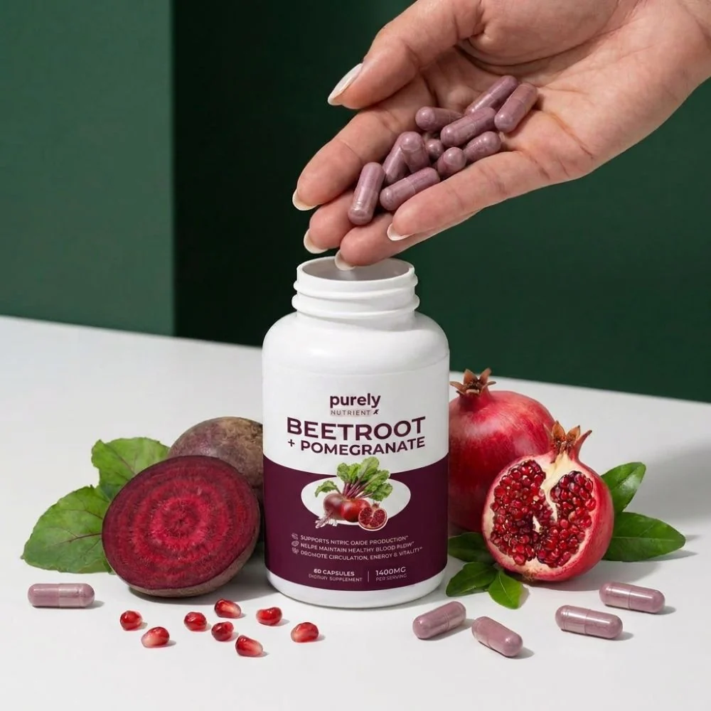 Purely Nutrient capsules with 1,200 mg organic beetroot extract per two-capsule serving